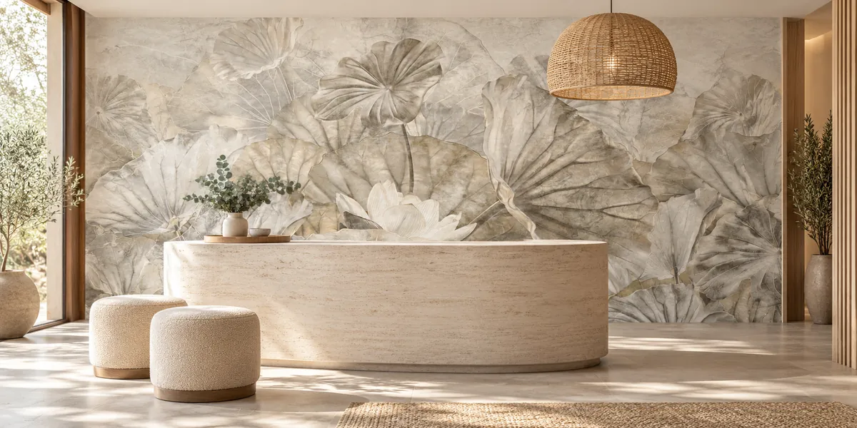 Rendering of Lotus Parasol: oversized pale lotus leaves covering the wall behind a curved stone reception desk