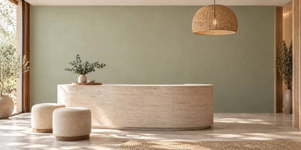 The same reception area with a plain sage green painted wall and no design