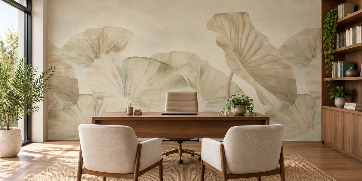 Rendering of Lotus Canopy: large pale lotus leaves in washed green and cream, covering the wall behind a physician's walnut desk