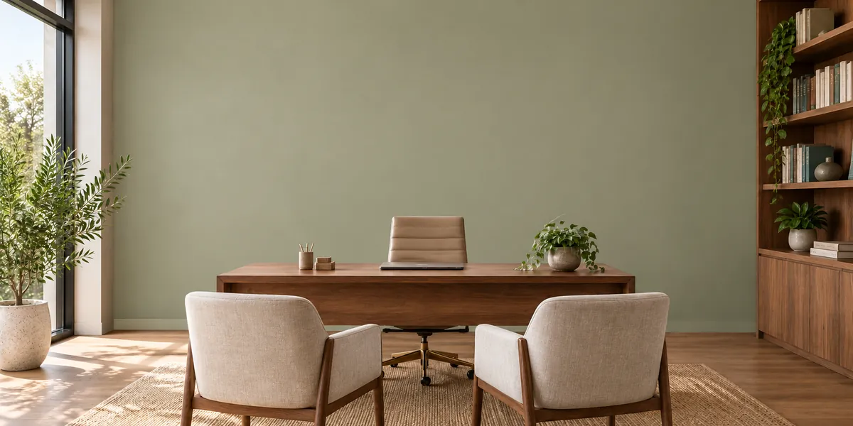 The same consultation office with a plain dusty sage painted wall and no design