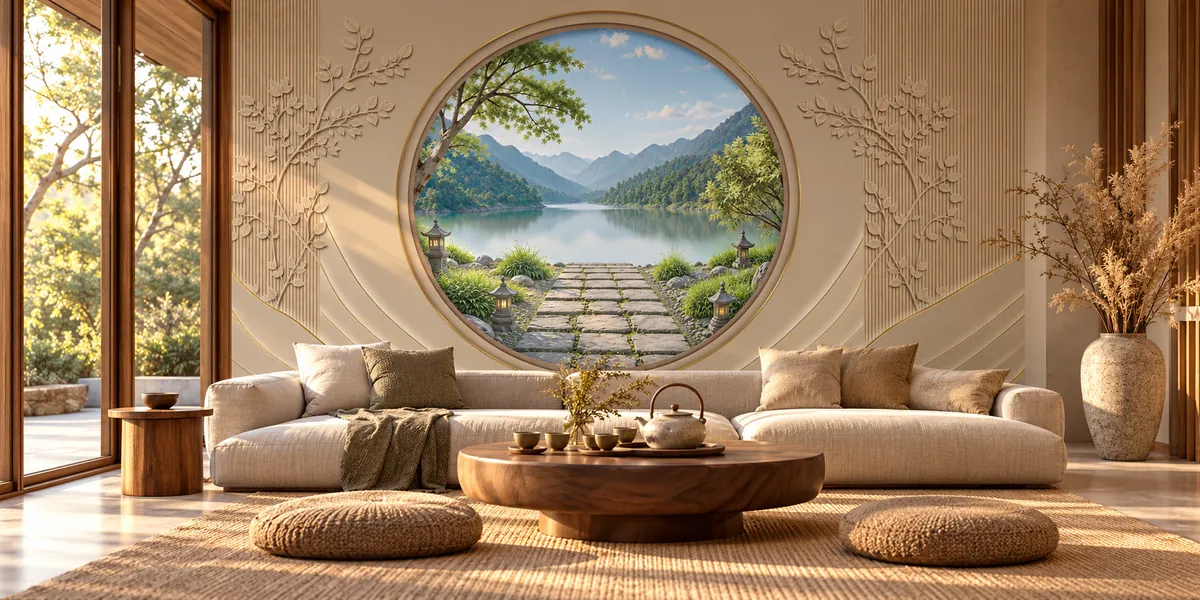 Rendering of Serene Arch: a round window onto a lake and mountains framed by carved leaf panels, covering the wall behind a linen sofa