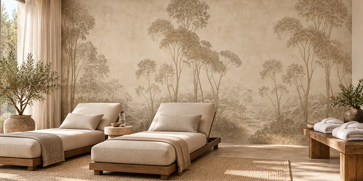 Rendering of Misty Eucalypt: tall sepia eucalyptus trees in a haze, covering the wall behind two chaise loungers
