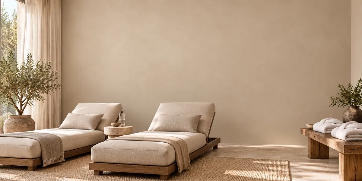 The same relaxation room with a plain sand beige painted wall and no design