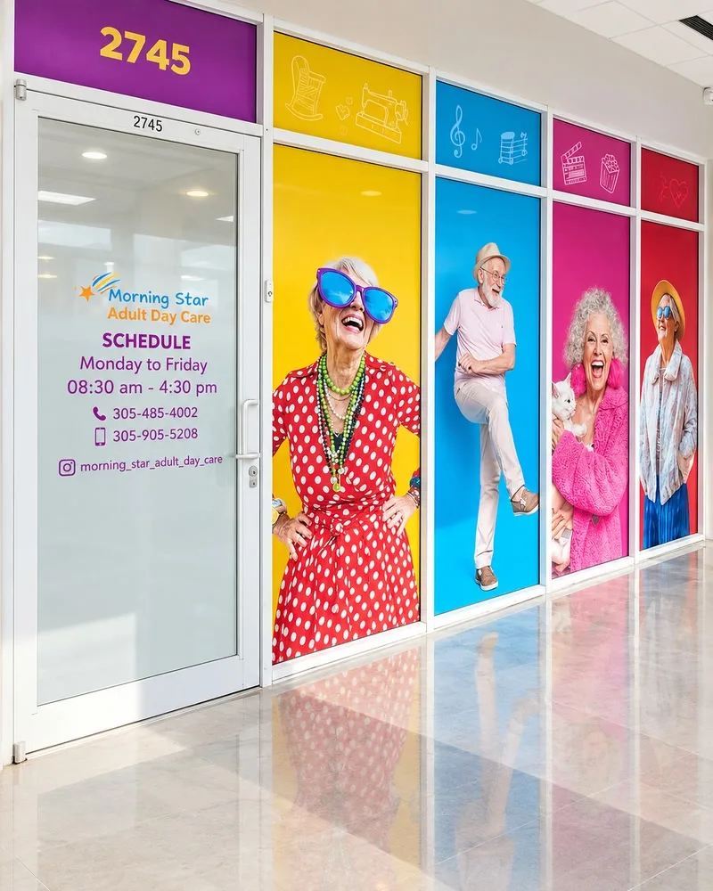 Entrance of Morning Star Adult Day Care with full-height yellow, blue, pink and red window panels showing smiling older adults, and the schedule and phone numbers printed on the door glass