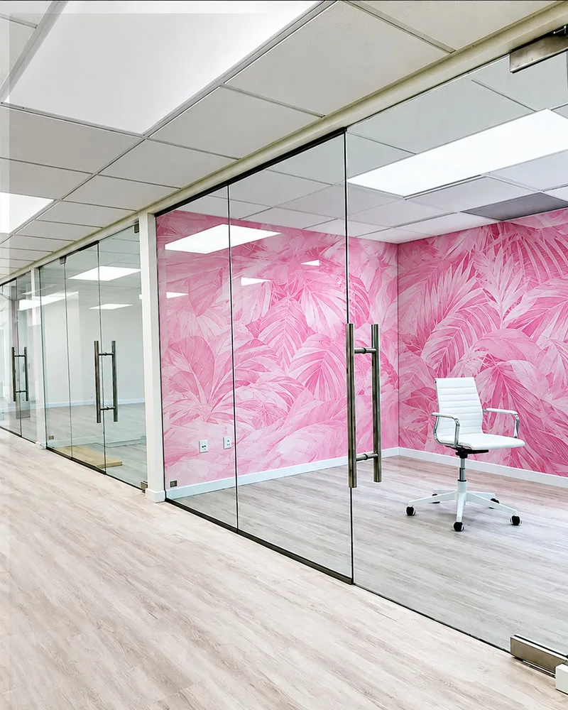 The same glass office walls and doors with clear glass and no frosted band