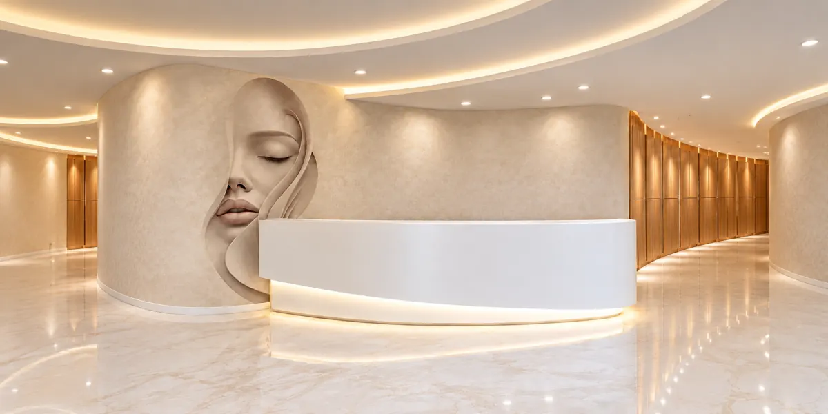 Rendering of Quiet Profile: a large face with closed eyes rising out of cream plaster on a curved lobby wall, beside a long white reception desk
