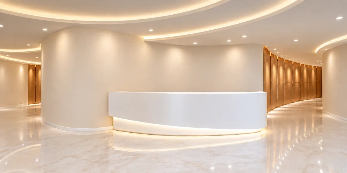 The same curved lobby with a plain cream painted wall and no design