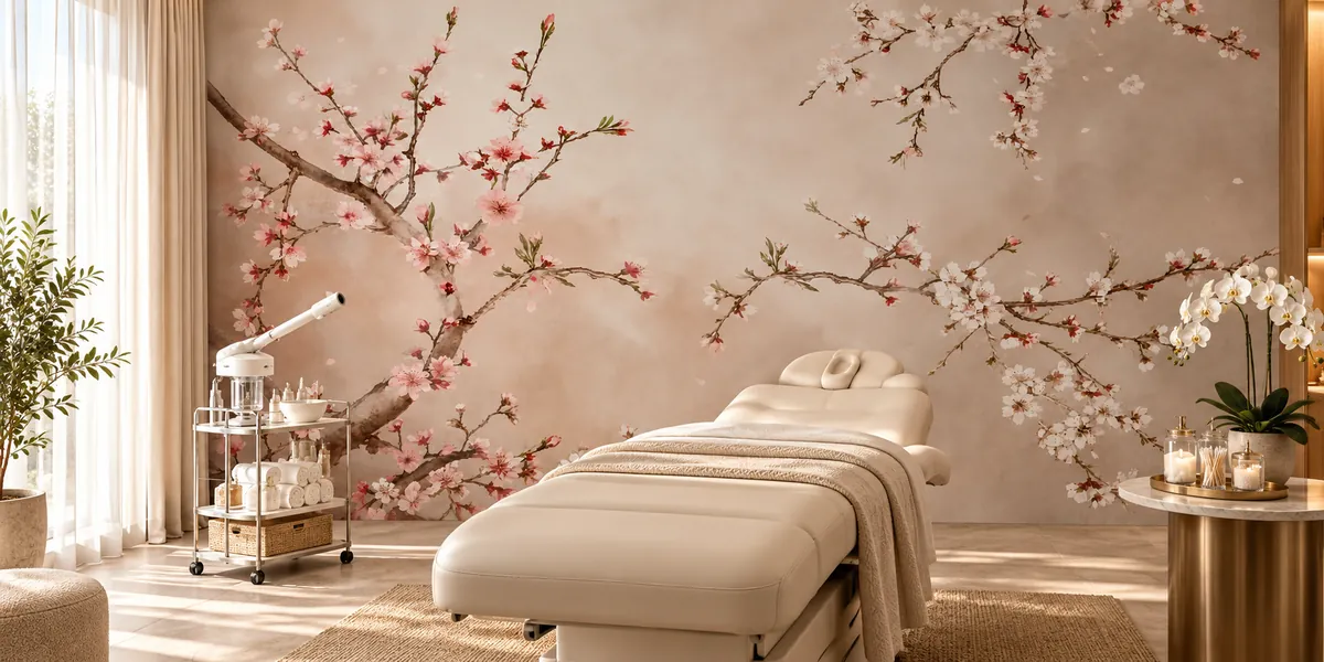 Rendering of Blossom Breeze: pink and white cherry blossom branches on a blush ground, covering the wall behind a facial bed