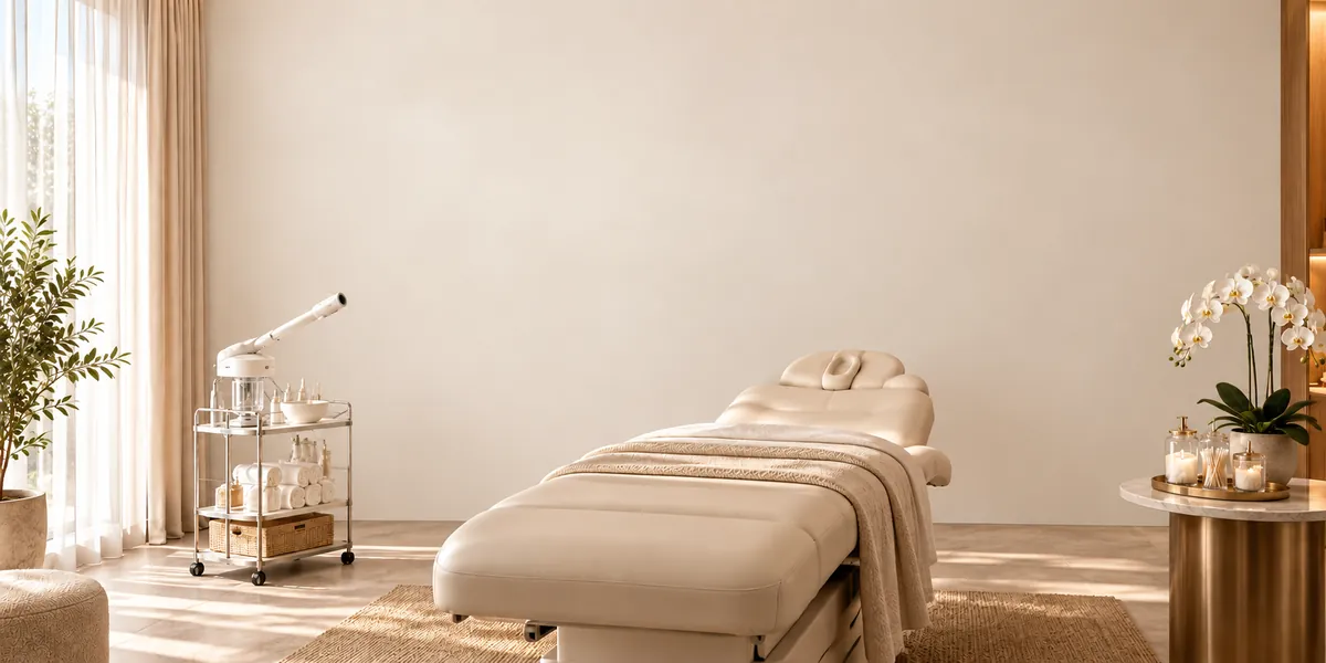 The same facial room with a plain warm white painted wall and no design