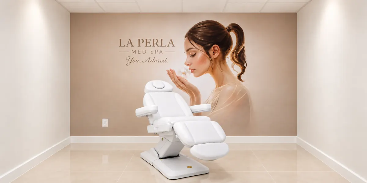 Rendering of Signature Portrait: a soft-toned portrait of a woman holding a flower, printed with a med spa name and tagline, on the back wall of a treatment room behind a white facial chair