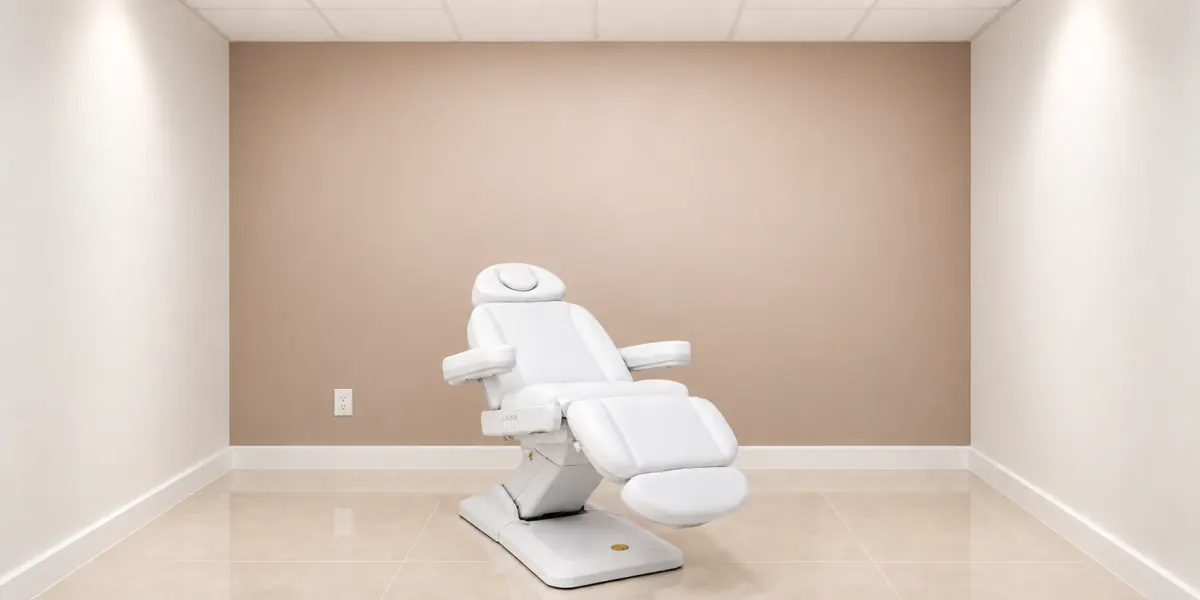 The same treatment room with a plain blush beige painted wall and no design