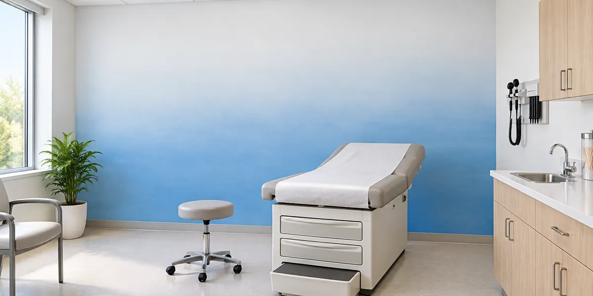 Rendering of Sky Veil: a soft white to blue gradient covering the wall behind an exam table