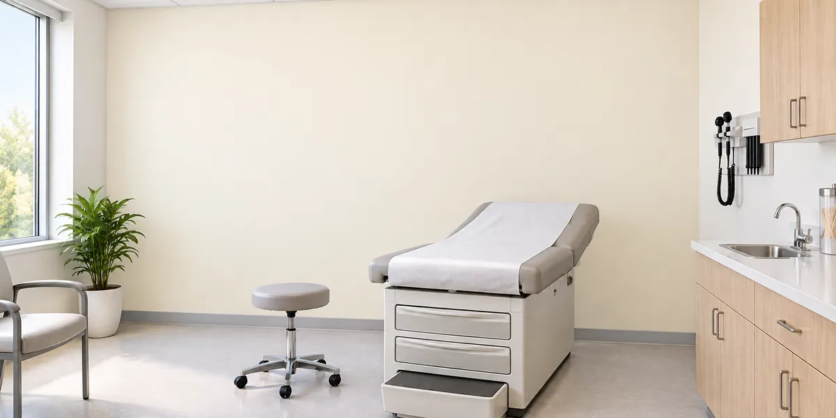 The same exam room with a plain pale cream painted wall and no design