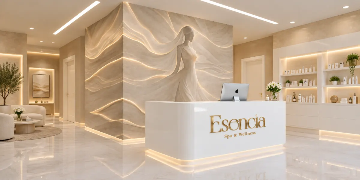 Rendering of Veiled Muse: a veiled woman carved into flowing cream waves and traced with warm light, wrapping the corner wall behind a white reception desk in a spa lobby
