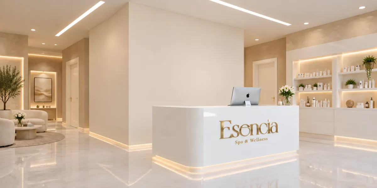 The same spa lobby with a plain warm white painted wall and no design